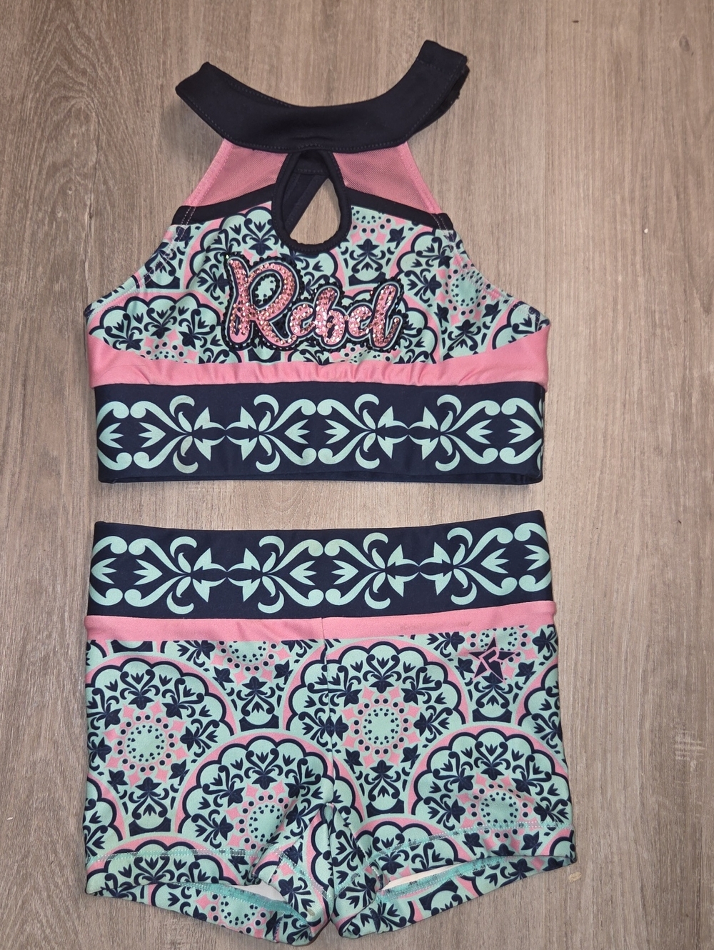 Rebel Patterned Girls' Two-Piece Cheer Practice  Set - Pink & Aqua